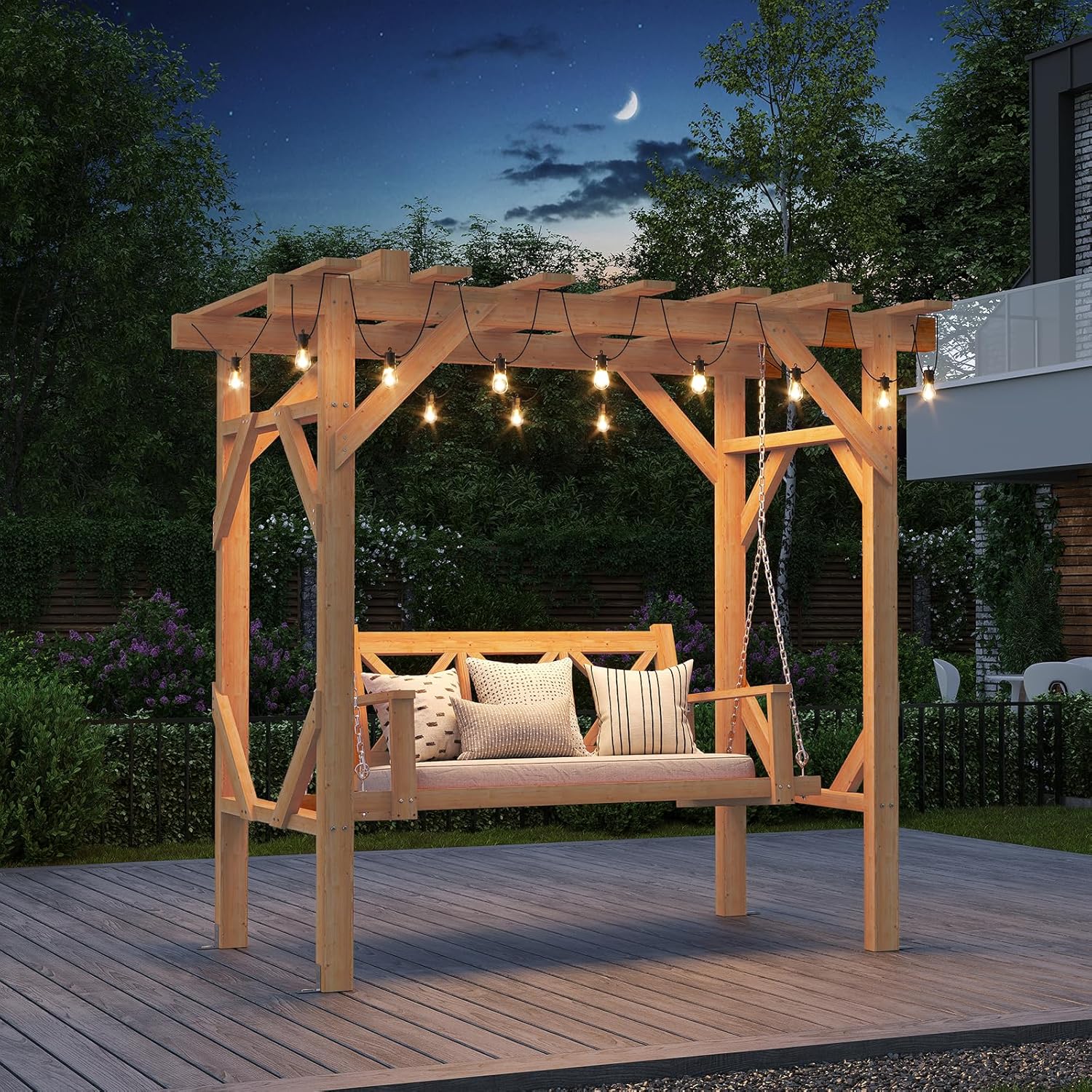 Outdoor Furniture Bench - Cedar Wood Pergola Swing Bench 3-Seat