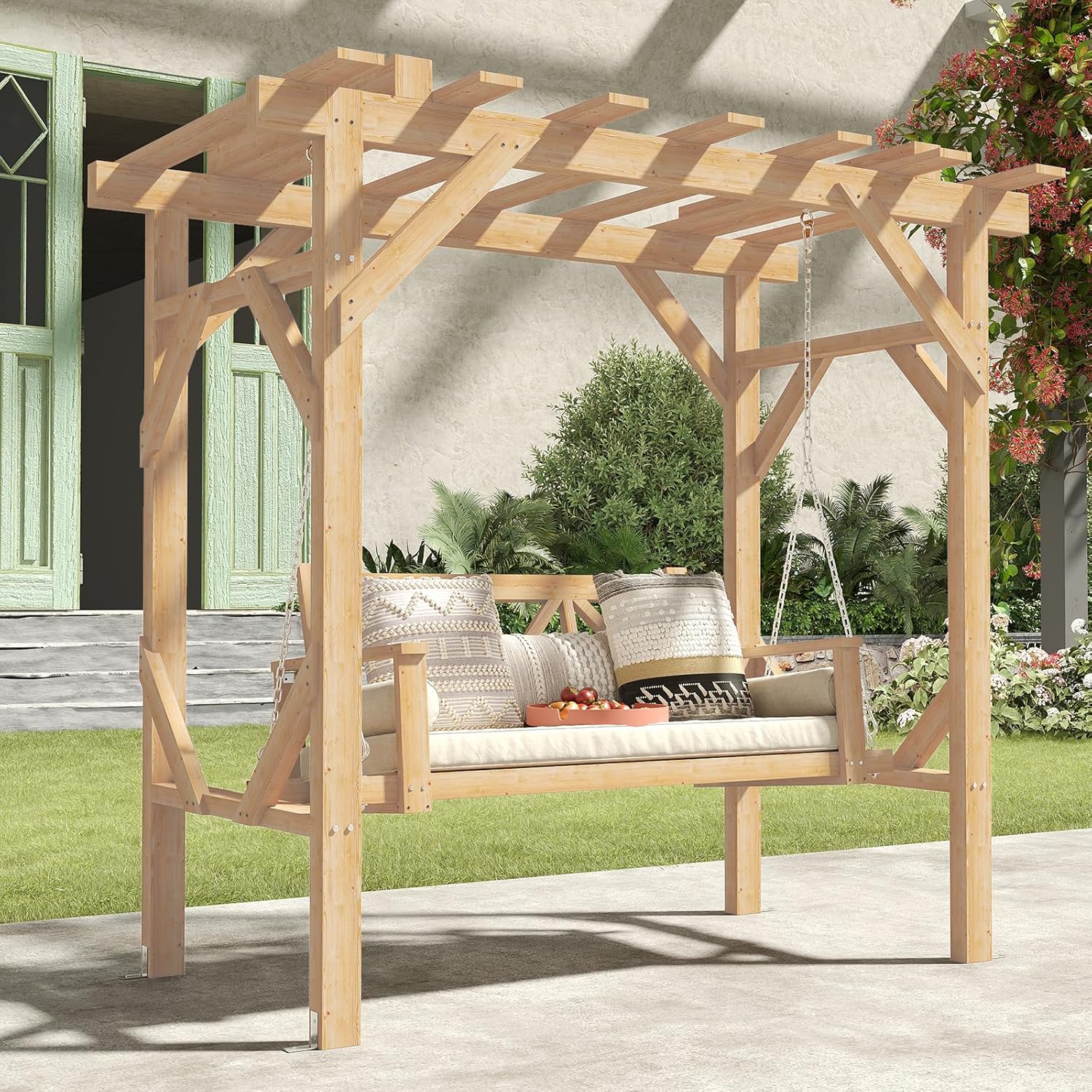 Cedar Wood Pergola Swing Bench - Outdoor Furniture Bench ulasan dan harga