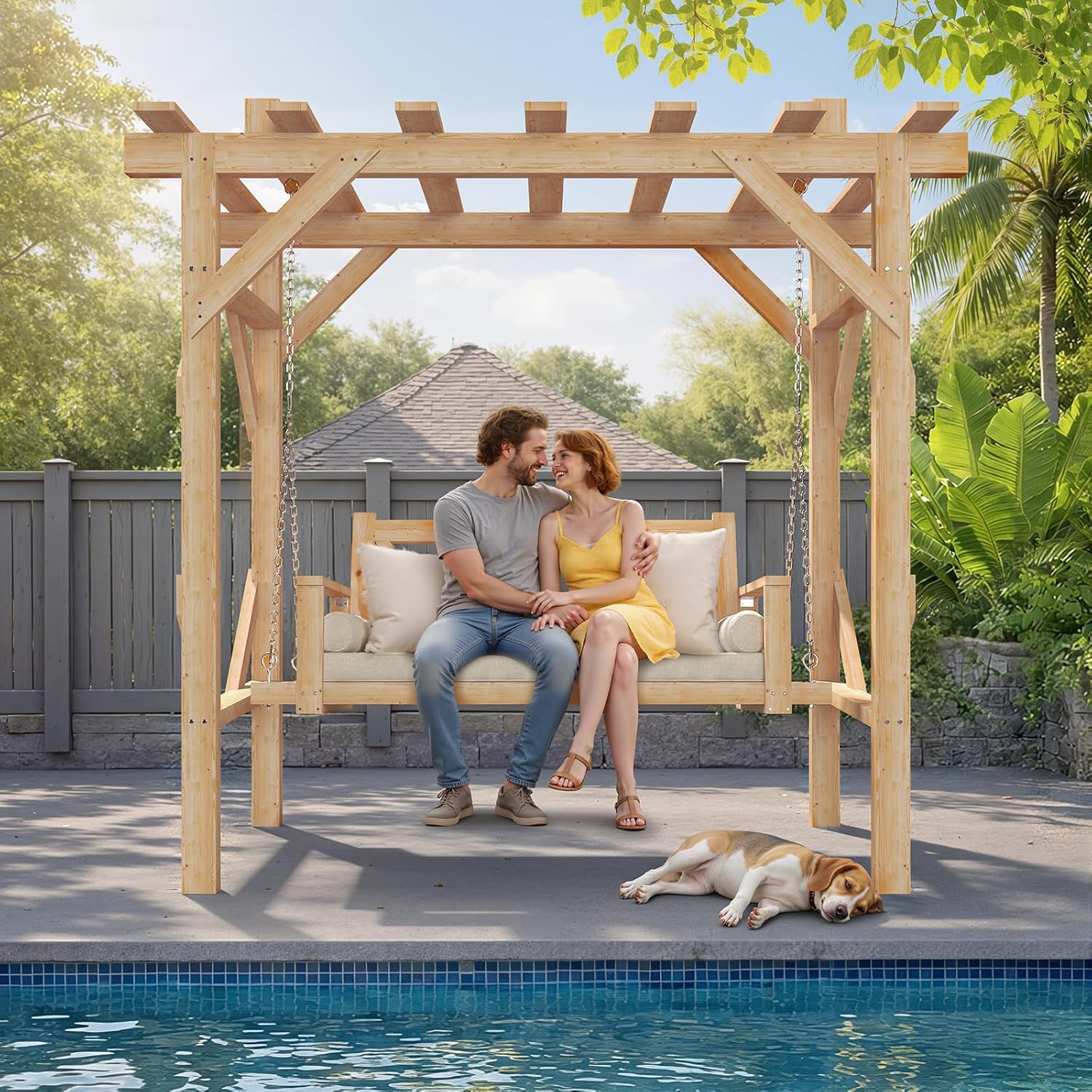 Cedar Wood Pergola Swing Bench - Outdoor Furniture Bench ulasan dan harga