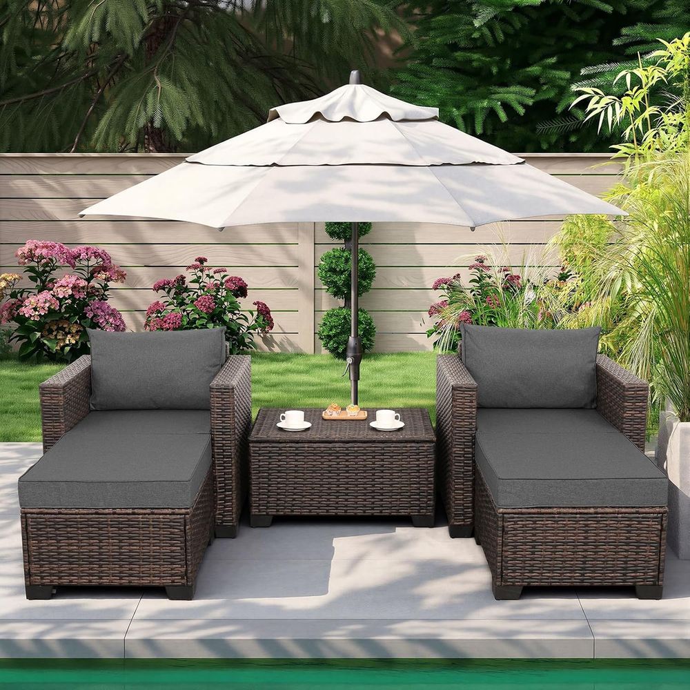 5-Piece HDPE Wicker Outdoor Fu - Outdoor Furniture With Storage For Cushions ulasan dan harga